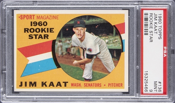 1960 Topps "Rookie Star" #136 Jim Kaat Rookie Card - PSA MINT 9 - POP 8, None Graded Higher!
